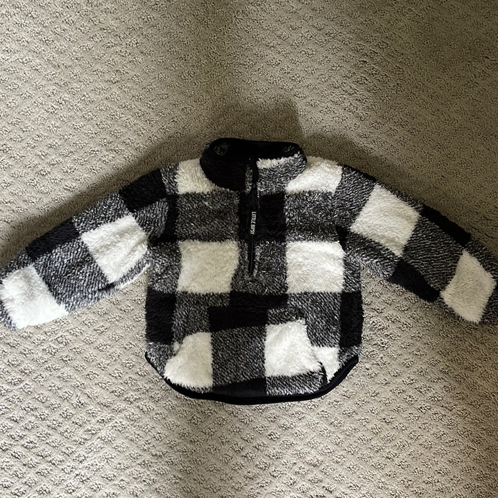 Little Bipsy black and white plaid sherpa quarter zip